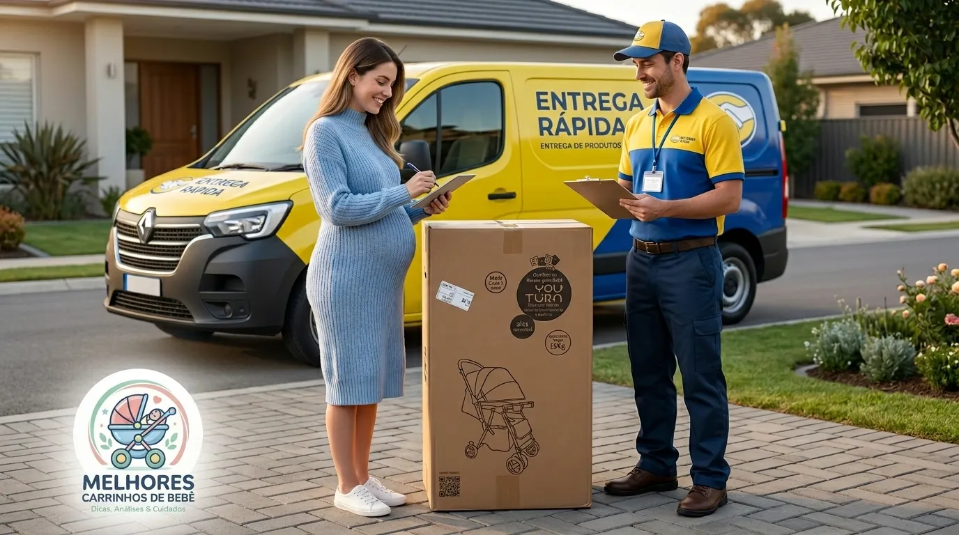 Travel System Cosco com bebê conforto encaixado no carrinho em ambiente externo urbano