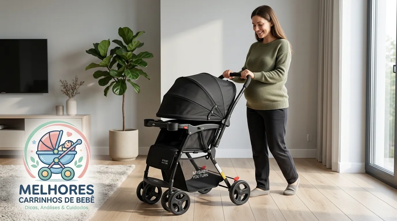 Travel System Cosco com bebê conforto acoplado ao carrinho em ambiente de passeio urbano
